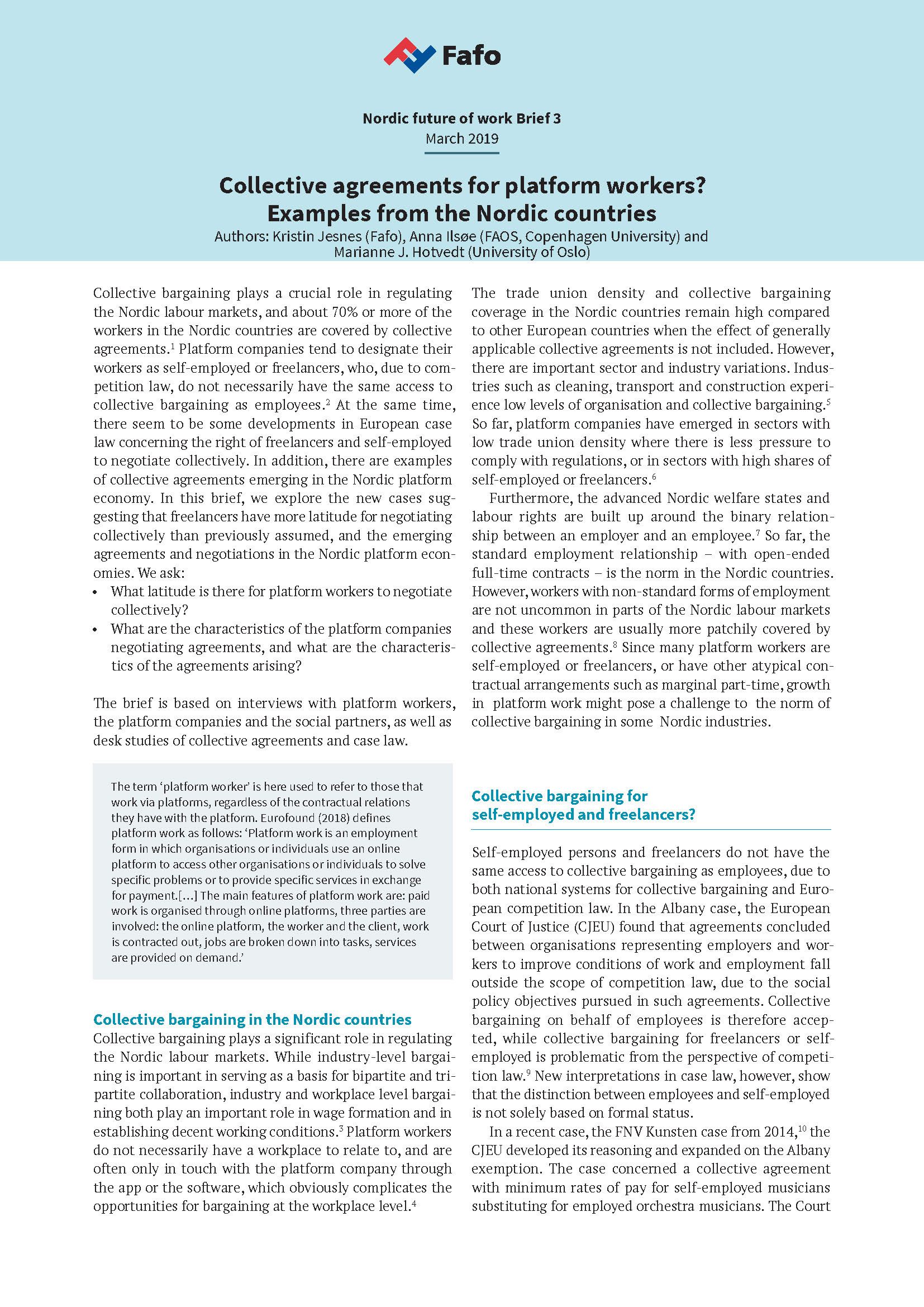 Collective agreements for platform workers? Examples from the Nordic countries